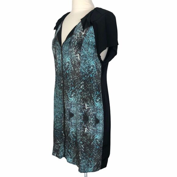 NEW Vena Cava Black Teal Printed Short Sleeve 100% Silk Sheath Dress Womens 10 - Picture 2 of 9